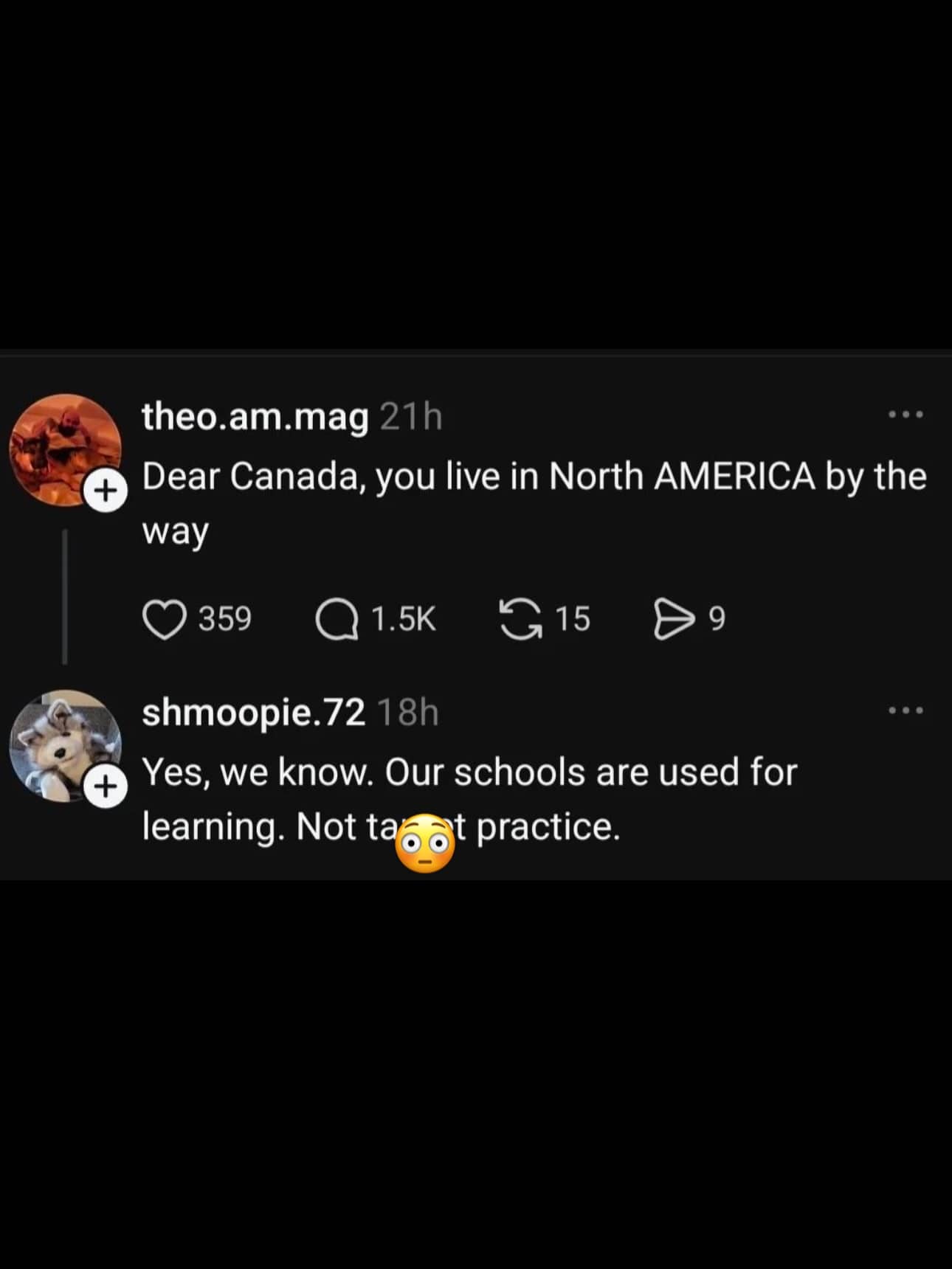 Funny comeback comment meme comparing Canadian schools and American school safety.