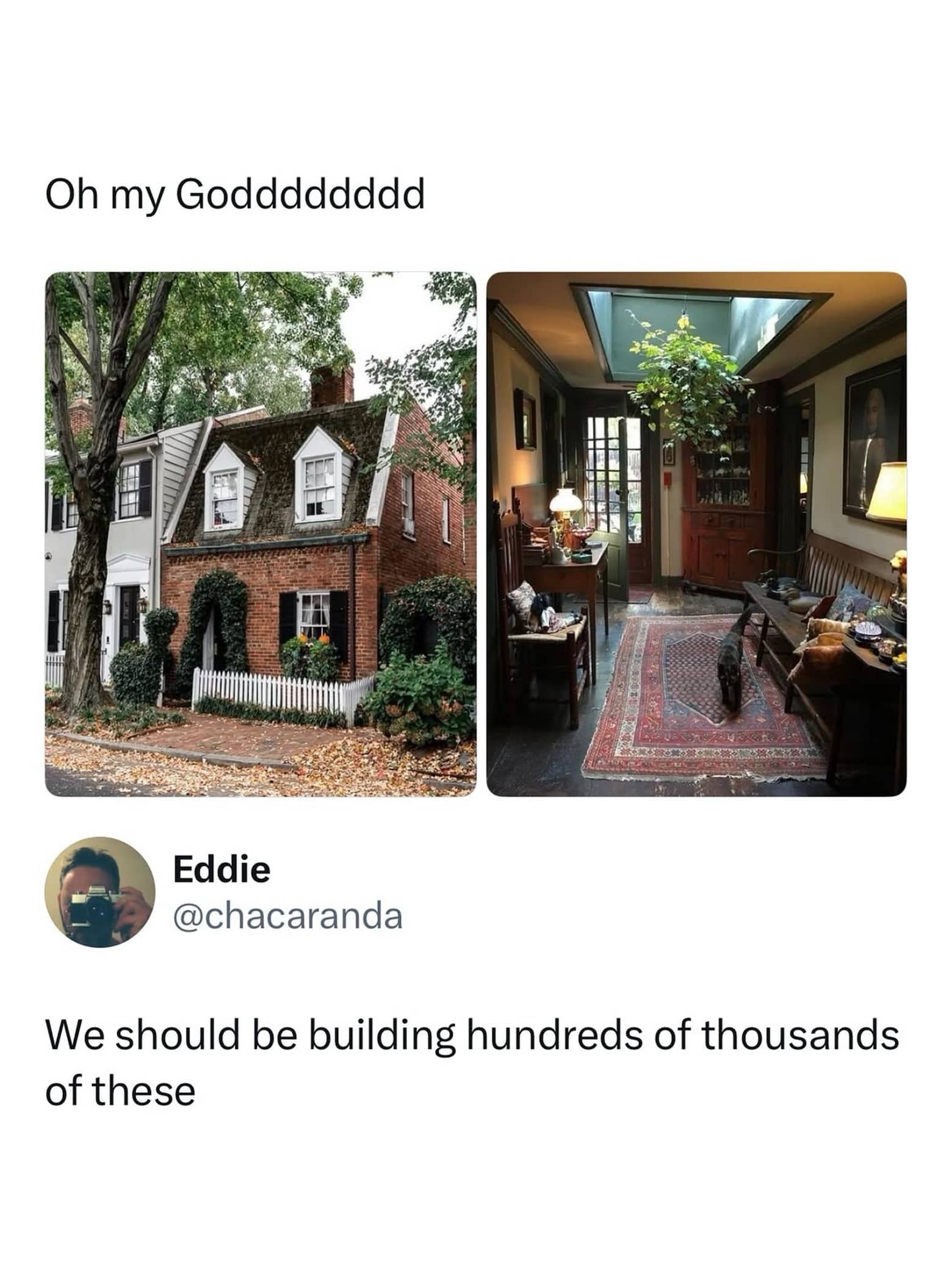 Tweet showcasing cozy historic brick home exterior and interior design funny property meme.