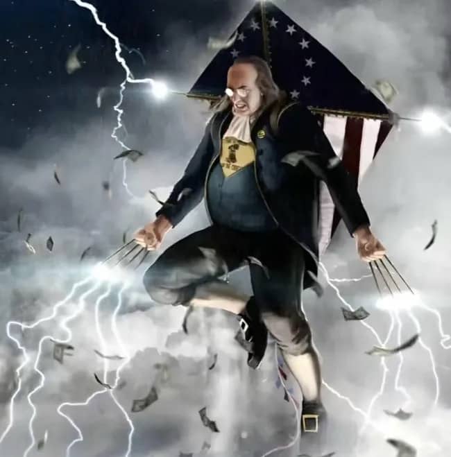 Benjamin Franklin flying with Wolverine claws and kite during lightning storm funny artwork.