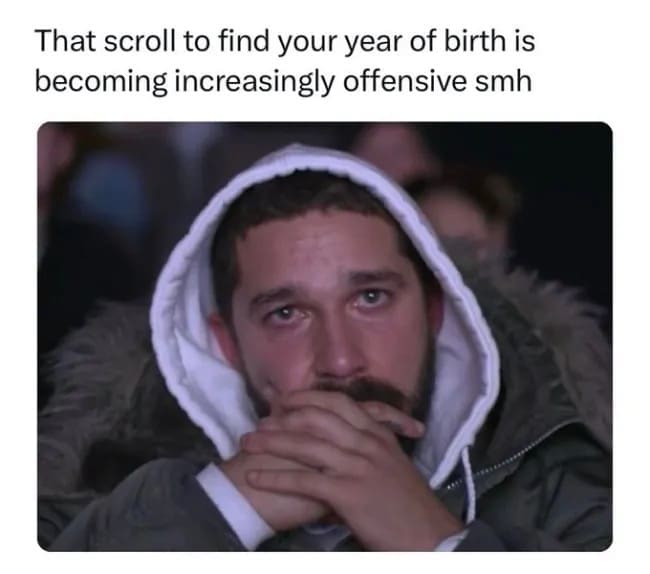 Shia LaBeouf looking distressed in a hoodie about scrolling for birth year funny memes.
