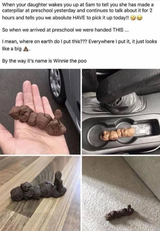 Funny meme featuring a child's brown clay caterpillar craft that looks like poop.