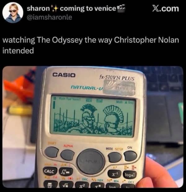 Scientific calculator display showing pixelated Odyssey movie scene in a funny memes post.