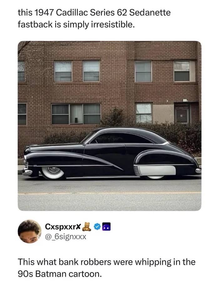 Funny memes post showing a vintage 1947 Cadillac car compared to Batman cartoon vehicles.