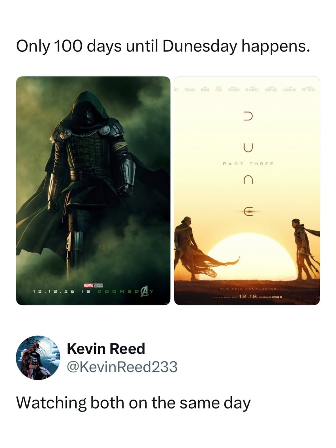 Funny memes movie mashup post showing Avengers Doomsday and Dune Part Three release date joke.