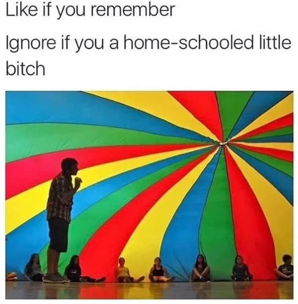 Gym class rainbow parachute game funny meme about childhood nostalgia and public school.