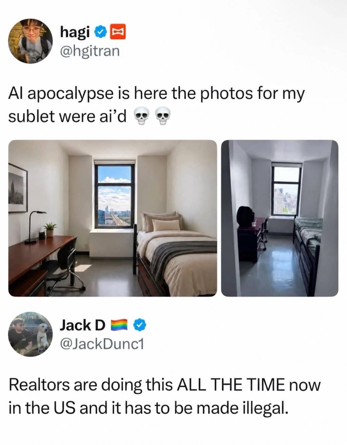 Tweet showing real estate listing comparison where advertised apartment photos used artificial intelligence staging.