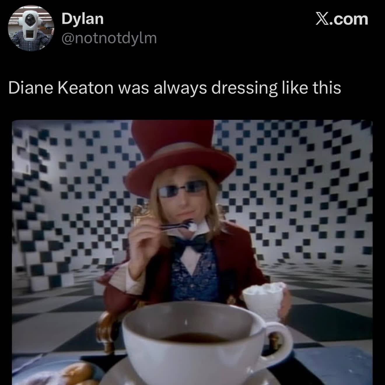 Funny pop culture meme comparing actress Diane Keaton's fashion style to Mad Hatter outfits.
