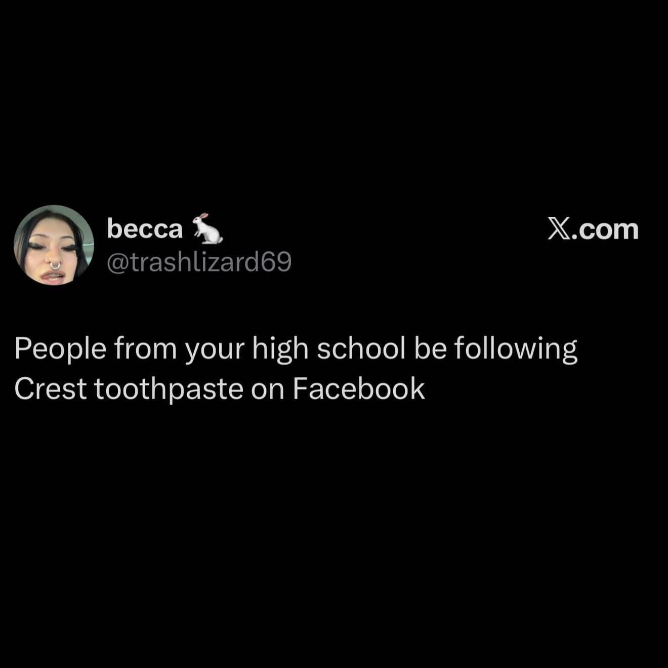 Funny social media text post making fun of old high school acquaintances following random brands.
