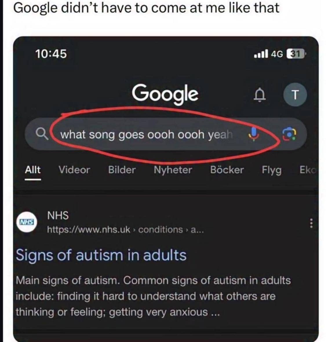 Google search query for song lyrics showing medical result for autism funny memes.