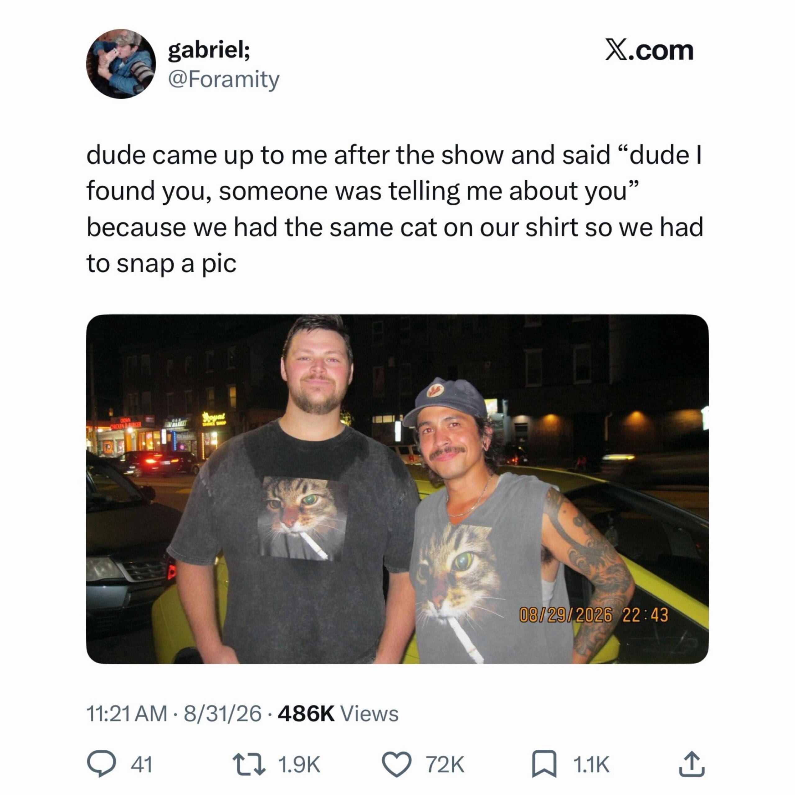 Funny meme of two strangers meeting after wearing the exact same cat shirt.