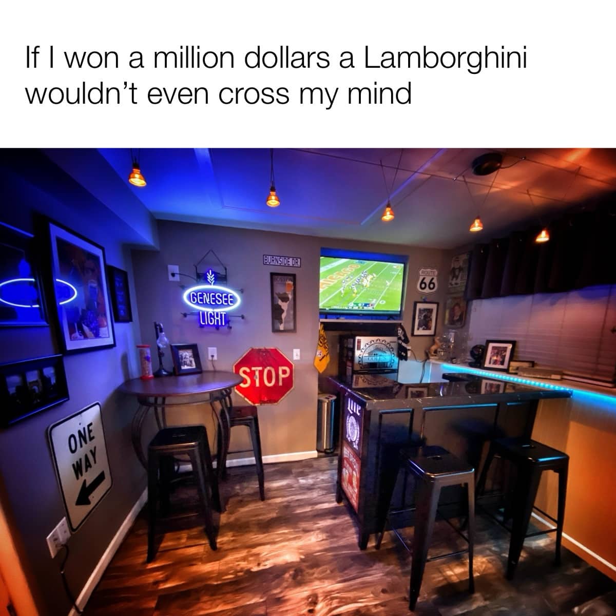 Cozily illuminated home basement bar with neon signs and stools instead of a luxury car.