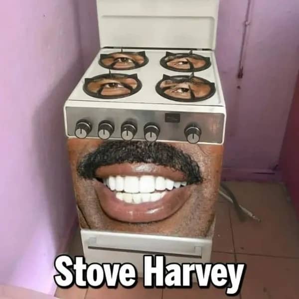 Kitchen stove photoshopped with Steve Harvey face and eyes funny meme image.