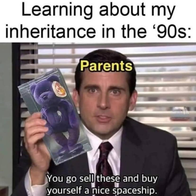 Michael Scott holding a Beanie Baby toy for a funny 90s inheritance meme.