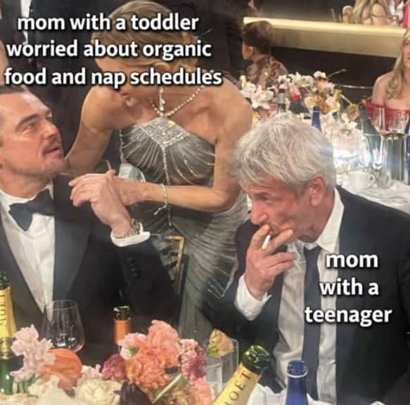 Parenting meme comparing mom with toddler to Sean Penn smoking at award show.