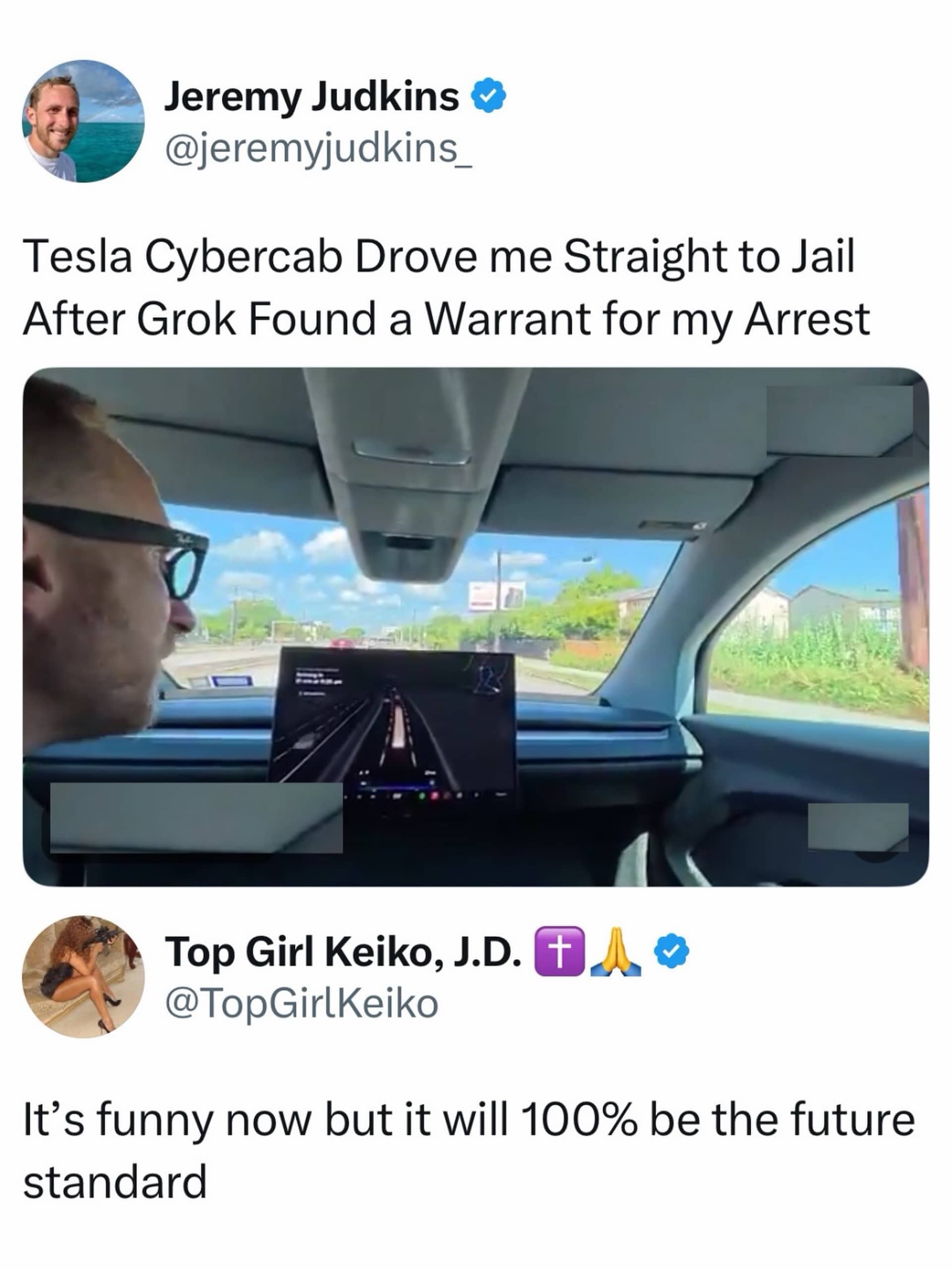 Funny memes post about a Tesla Cybercab driving a passenger straight to jail automatically.