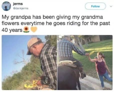 Heartwarming post showing horseback rider grandpa handing fresh picked flowers to grandma every ride.