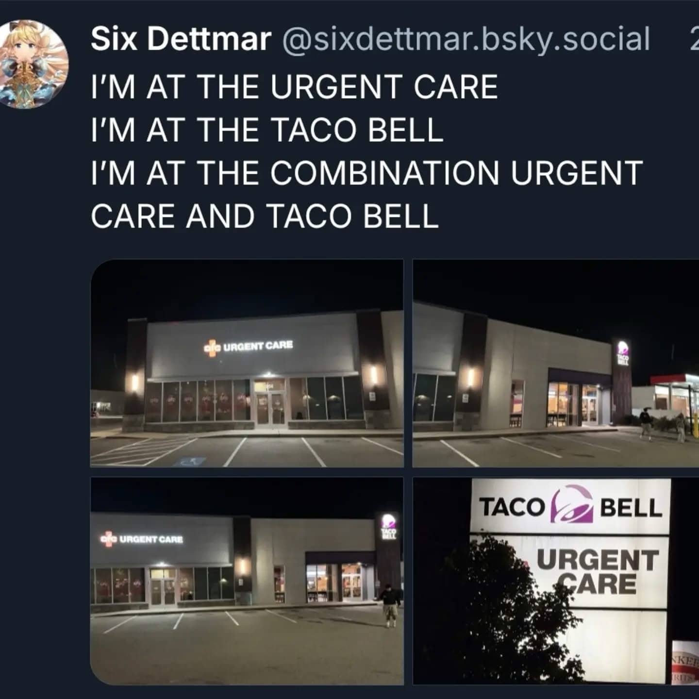 Photos showing adjacent Urgent Care and Taco Bell building with social media text.