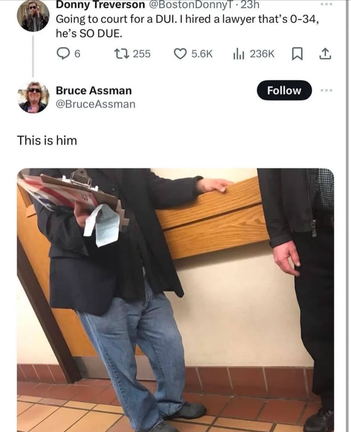 Funny memes social post showing a poorly dressed lawyer with a terrible court record.