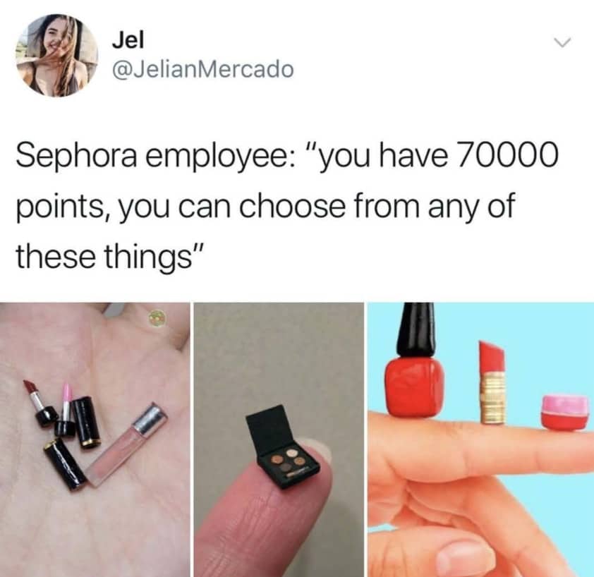 Funny post mocking Sephora reward program points showing tiny miniature cosmetic samples on fingertips.