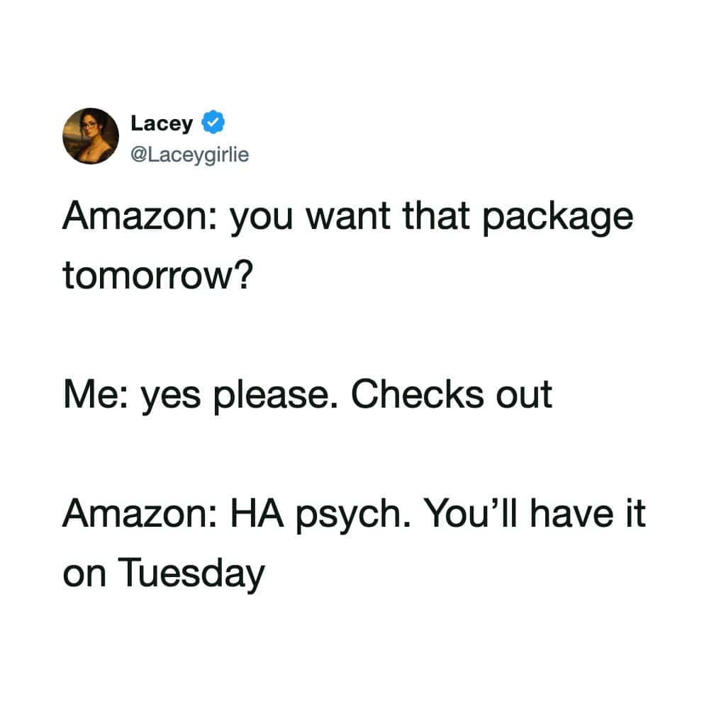 Relatable funny memes tweet about Amazon promising next day delivery then changing delivery date.