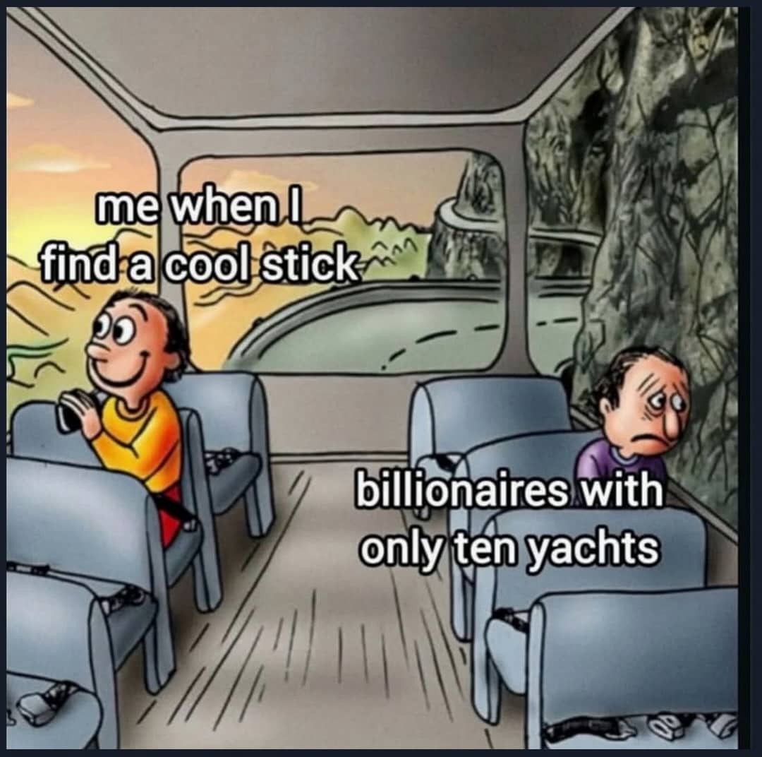 Two guys on a bus meme comparing finding a stick to unhappy billionaires.
