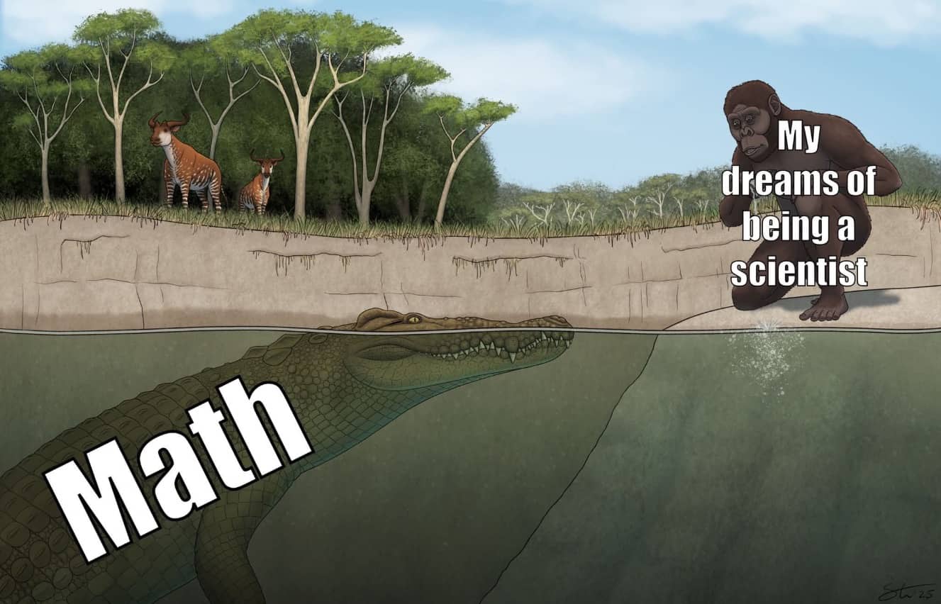Meme illustration of scientist character facing giant crocodile labeled math blocking the river pathway.