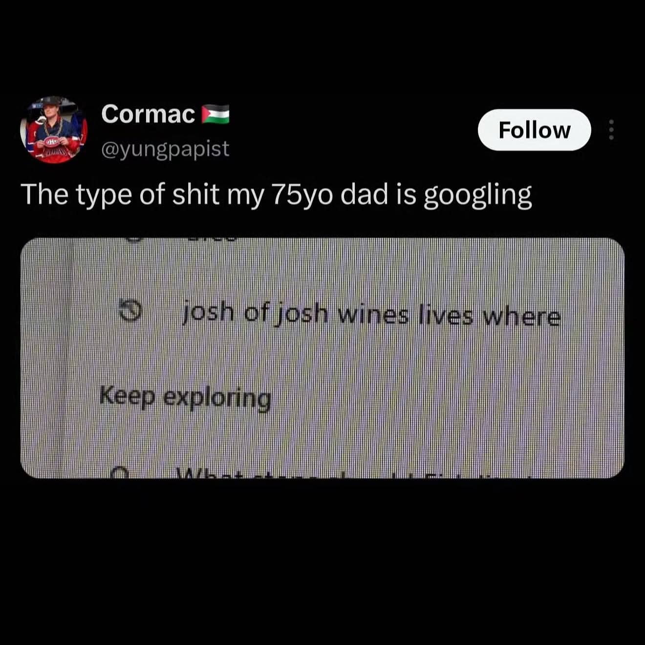 Funny screenshot meme showing an elderly dad search history query for Josh Wine.