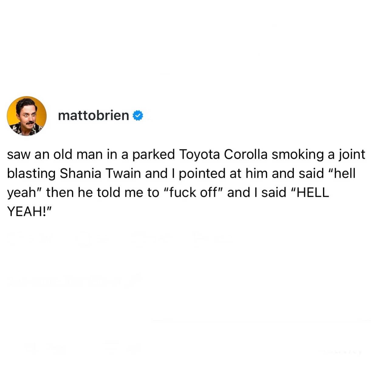 Funny text post about pointing at an old man in a Toyota Corolla.