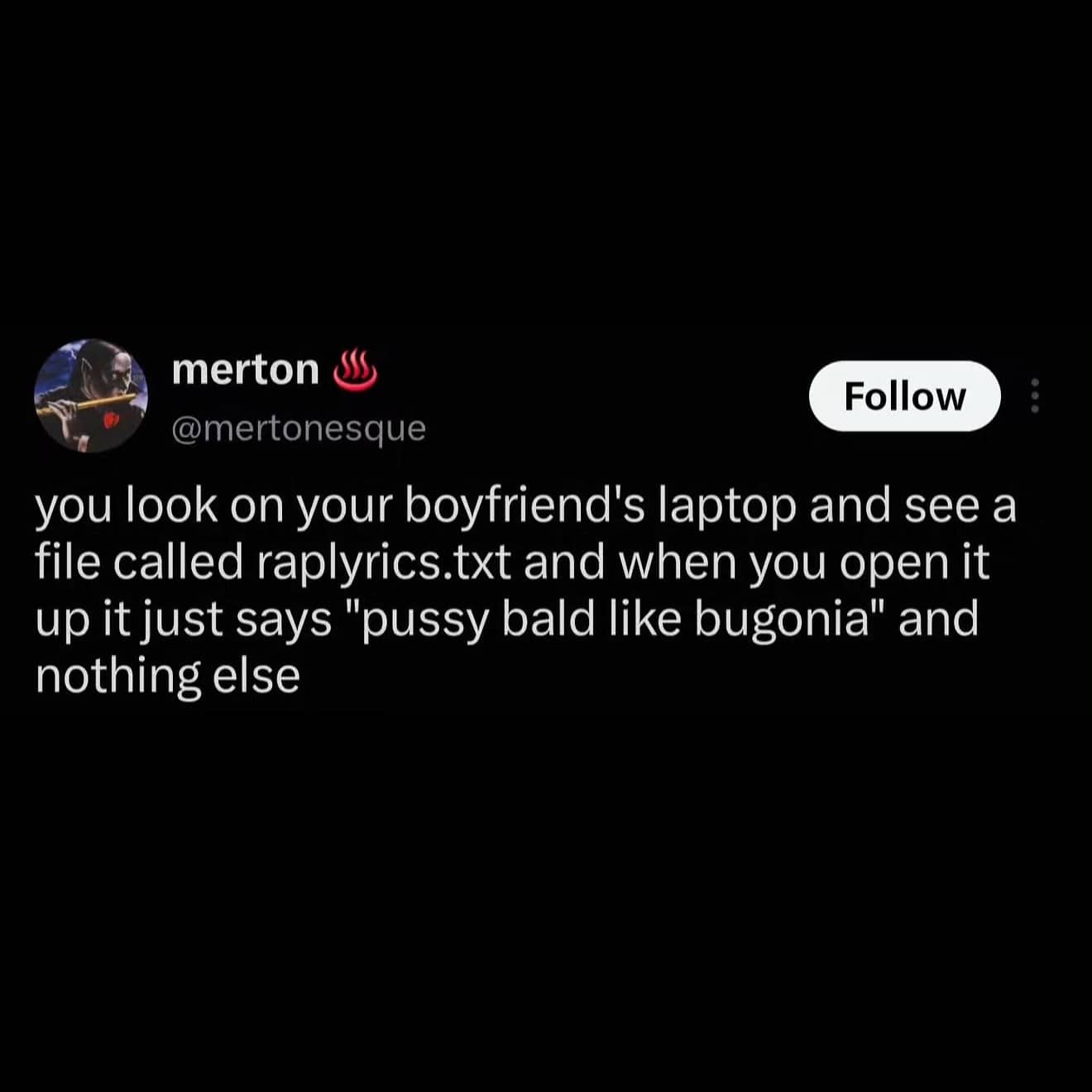 Funny text post meme describing finding a single weird line in a rap text file.