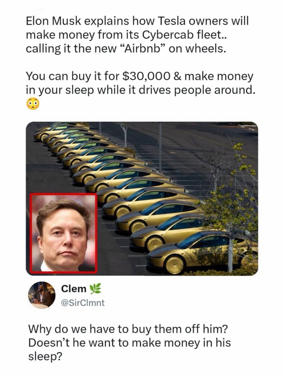 Funny memes Elon Musk Cybercab fleet announcement paired with a sarcastic Twitter reply questioning logic.