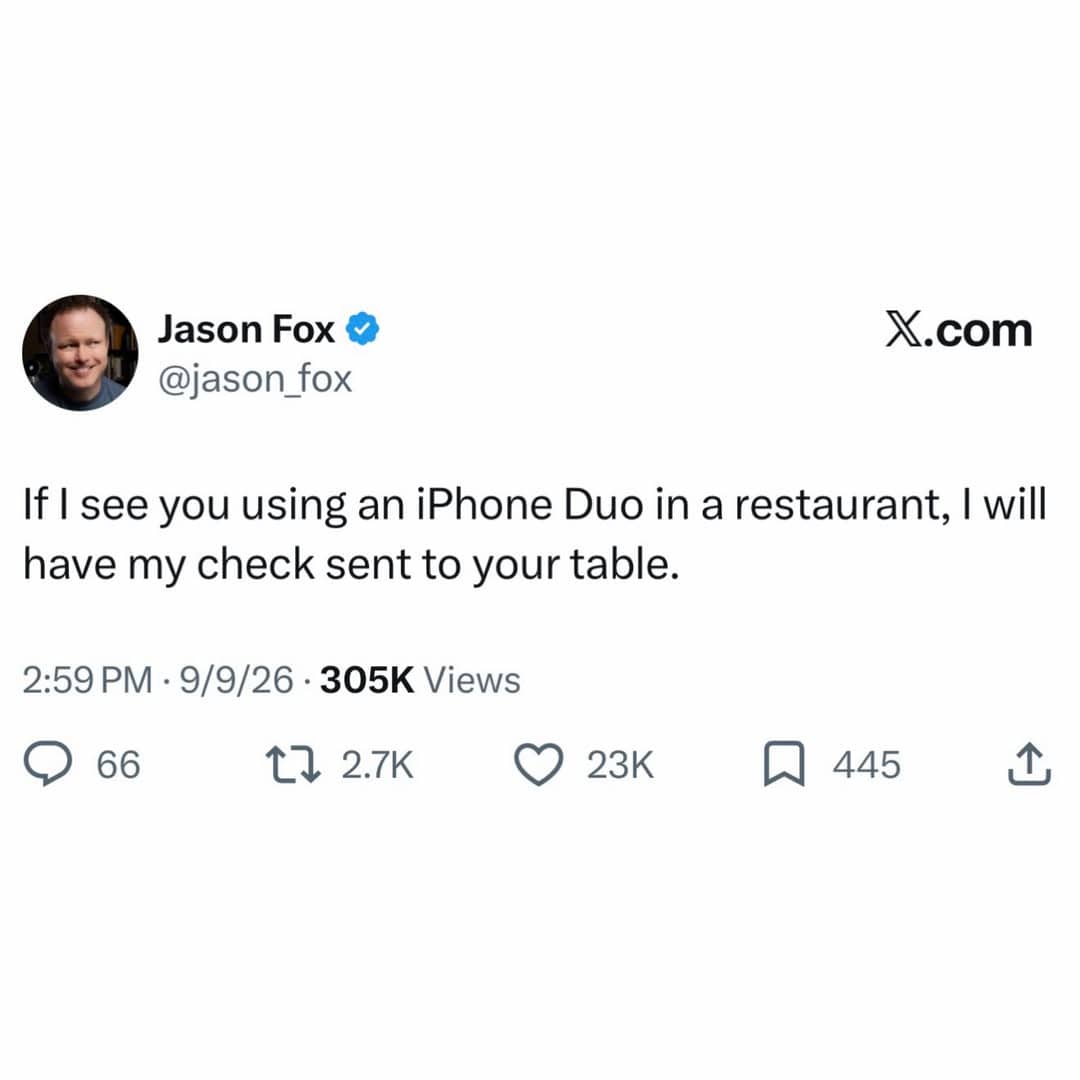 Social media post joke about sending restaurant check to someone using an expensive phone.
