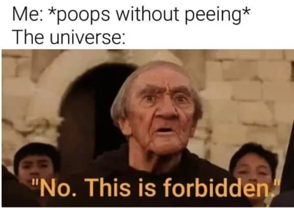 Movie screenshot funny meme captioned No This is forbidden about bathroom habits.