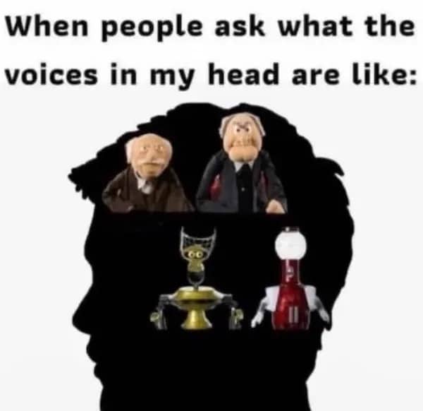 Silhouette of a head filled with Statler, Waldorf, and MST3K robots funny meme.
