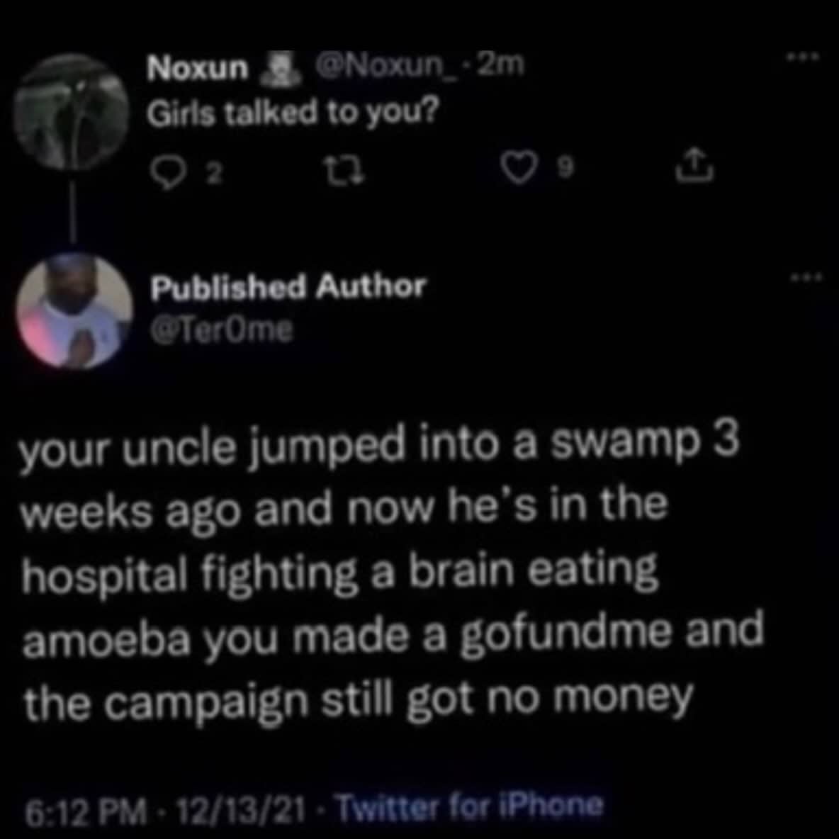 Dark mode Twitter reply roast meme about an uncle in a swamp.