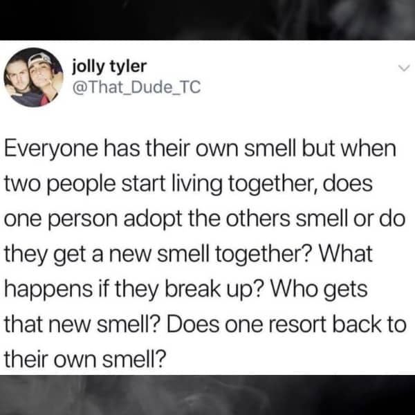 Text post contemplating philosophical questions about how couples share and mix unique body scents.