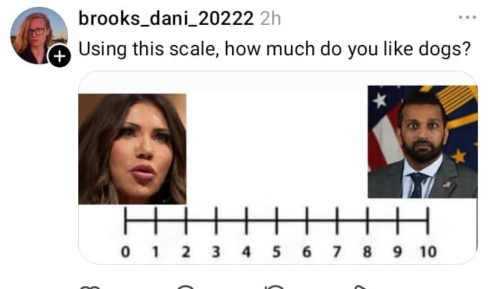 Social media post featuring numbered scale between political figures about loving dogs.