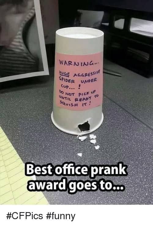 Upside down paper cup with hole warning about aggressive spider office funny pranks.
