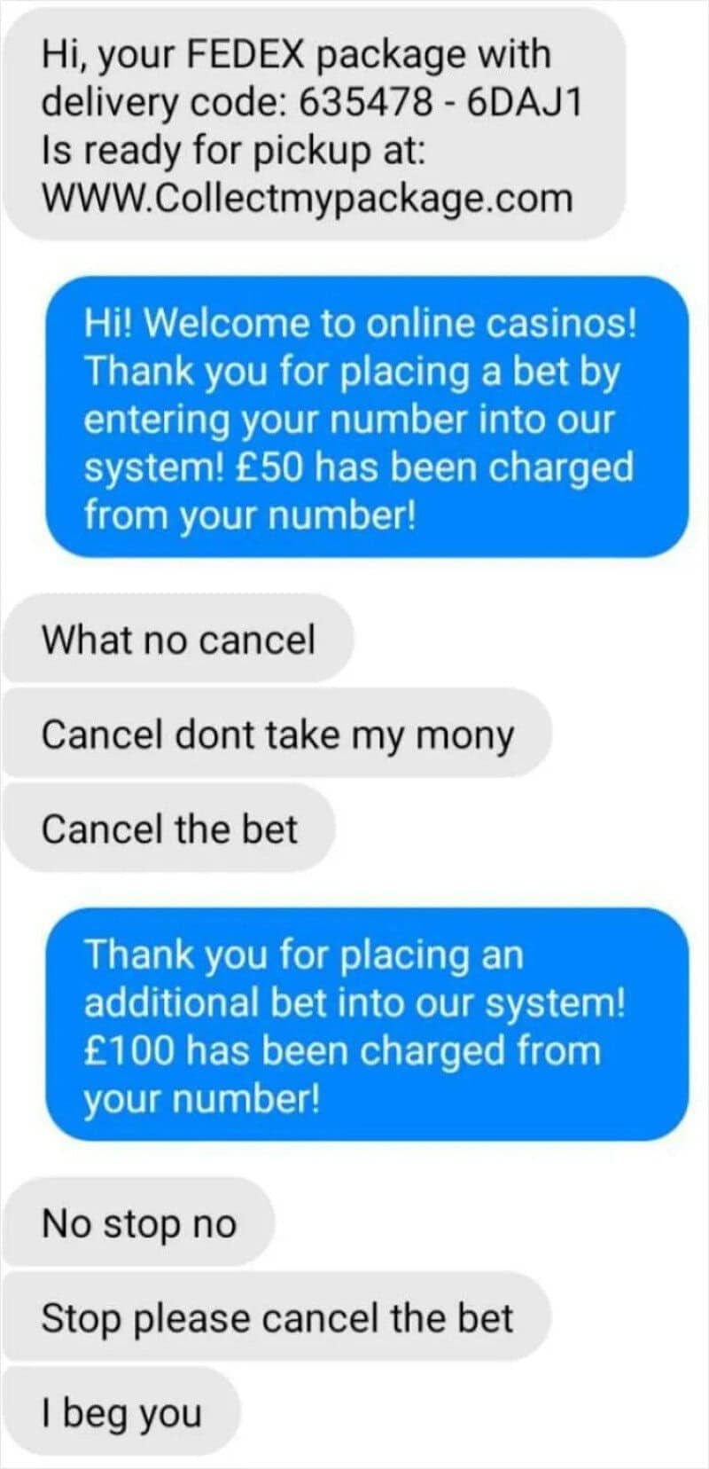 Text message scam response tricking a scammer into placing fake casino bets online.