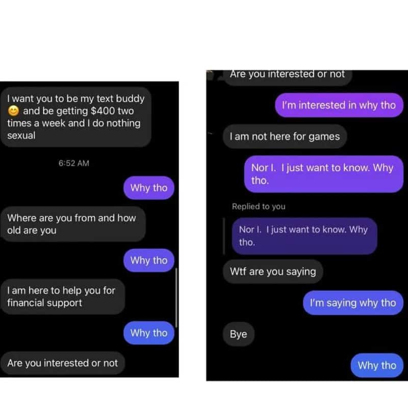 Screenshot of a text chat broken into two panels repeatedly responding why tho to a sugar daddy scammer.