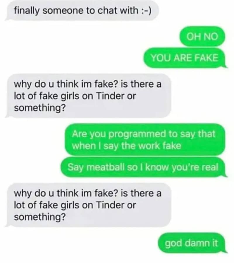 ext conversation exposing a Tinder bot by asking it to repeat a specific word.