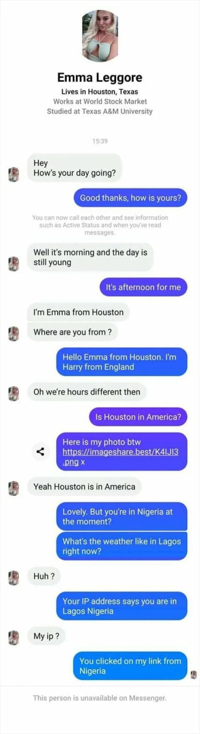 Text conversation where user tricks a romance scammer into clicking an IP tracker link revealing Lagos location.