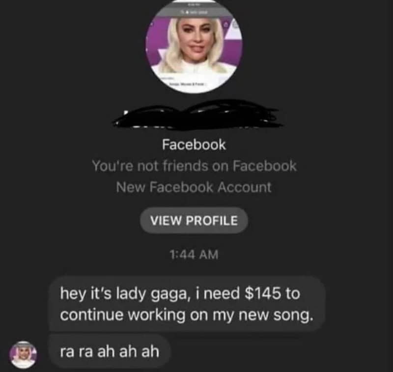 Facebook message from a fake profile claiming to be Lady Gaga asking for money to finish a song.