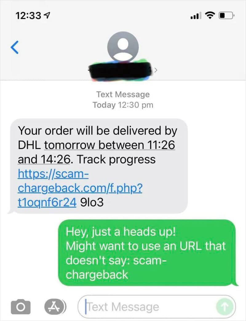 Delivery scam text message containing an obvious link URL labeled scam chargeback.