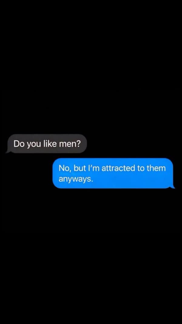 Funny text replies gem: no, I don't like men, but I'm attracted to them anyway.