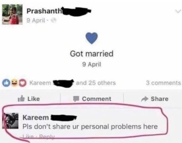 Facebook marriage announcement with a friend's comment asking them not to share personal problems.