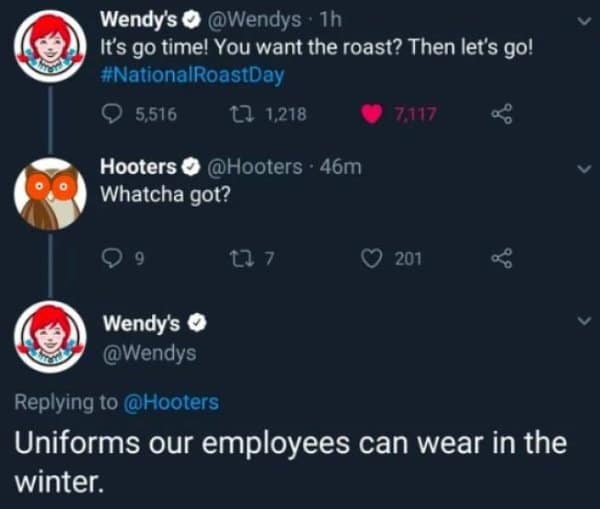 Wendy's roasting Hooters on National Roast Day with a joke about winter uniforms.