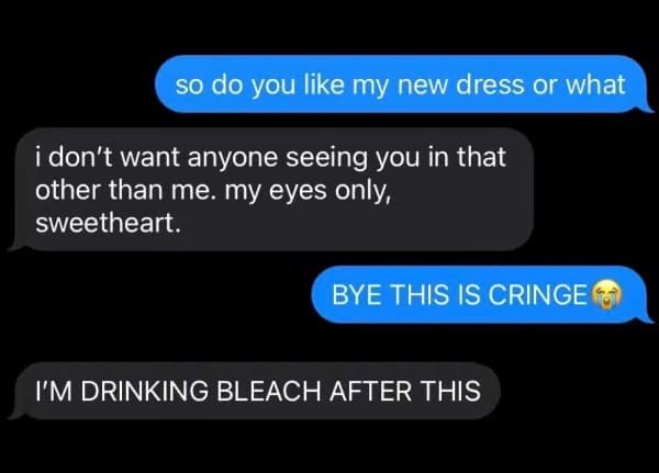 Partner's possessive reply about a new dress, met with an all caps cringe reaction.