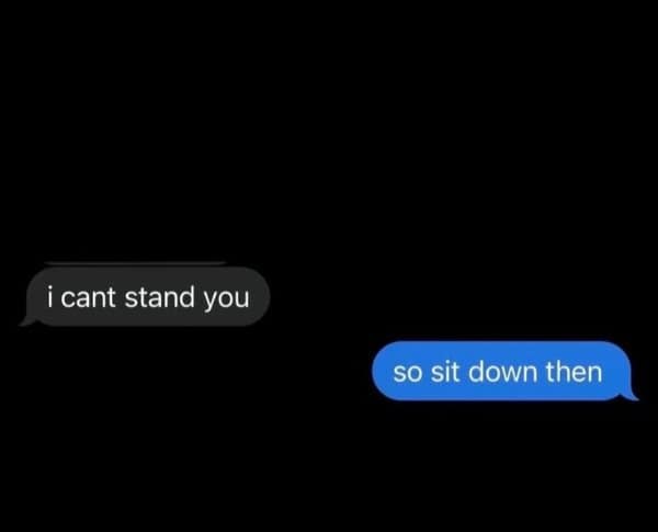 One of the funny text replies: i cant stand you, answered with so sit down then.