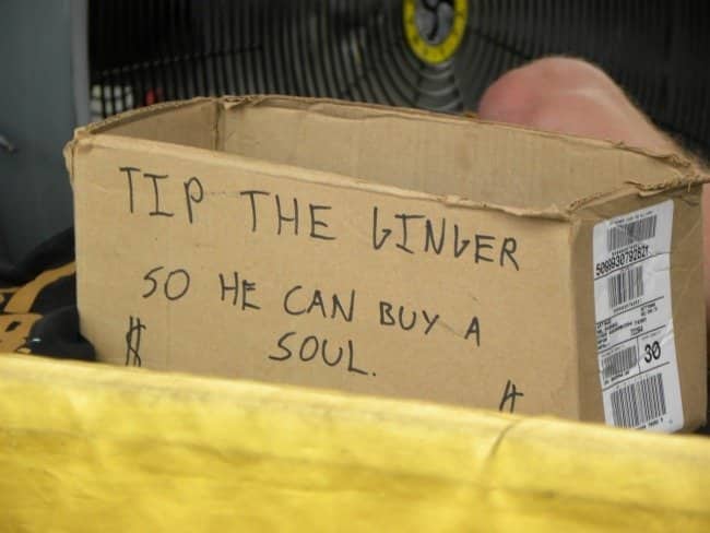 Cardboard box funny tip jars asking for money so the ginger barista can buy souls.