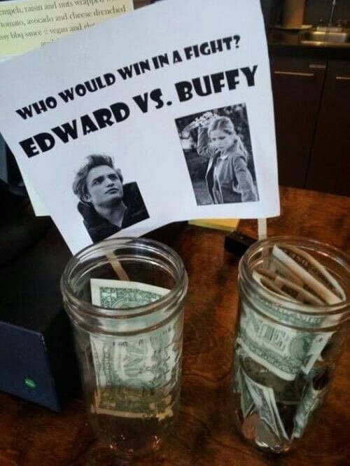 Voting style funny tip jars pitting Edward against Buffy with money acting as the votes.